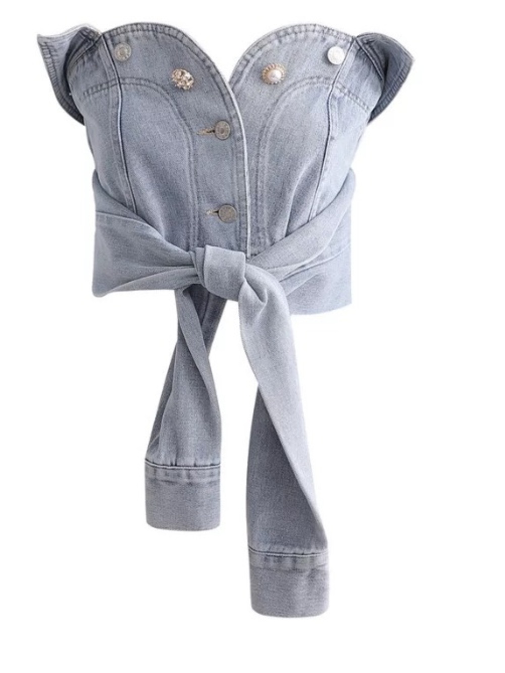 Light Blue Denim Tie-Front Strapless Crop Top